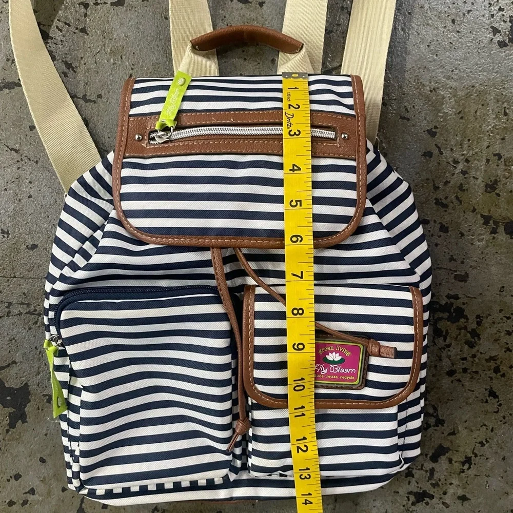 Lily Bloom Navy & White Striped Backpack with Front Pockets & Lime Green Inside - Picture 5 of 11